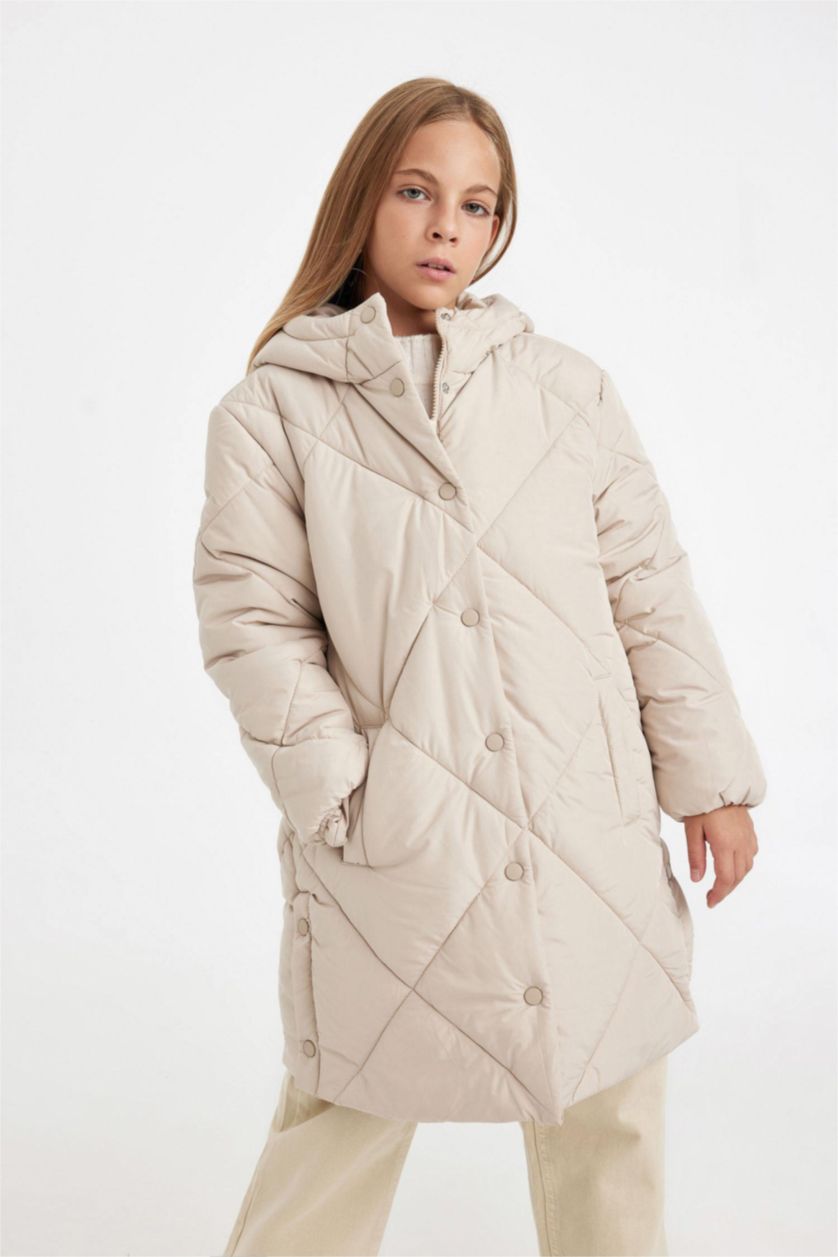 Kız Çocuk - Genç Kız Taş Su Geçirmez Kapüşonlu Uzun Şişme Mont Parka Kapitoneli Fermuarlı Cepli Kız Çocuk