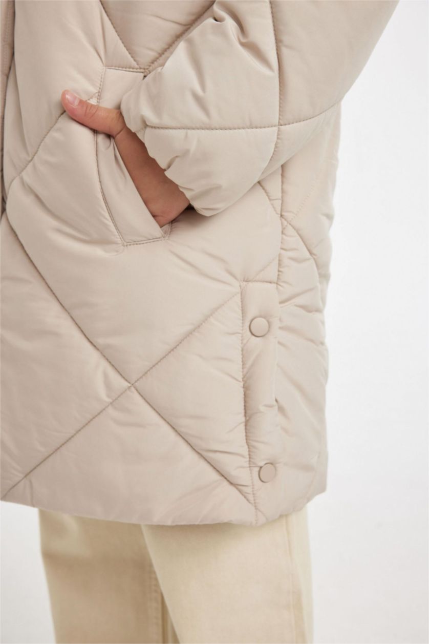 Kız Çocuk - Genç Kız Taş Su Geçirmez Kapüşonlu Uzun Şişme Mont Parka Kapitoneli Fermuarlı Cepli Kız Çocuk