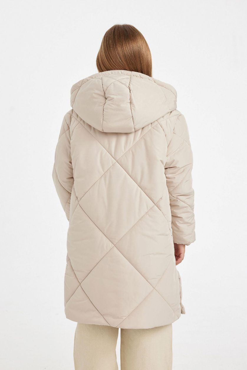 Kız Çocuk - Genç Kız Taş Su Geçirmez Kapüşonlu Uzun Şişme Mont Parka Kapitoneli Fermuarlı Cepli Kız Çocuk