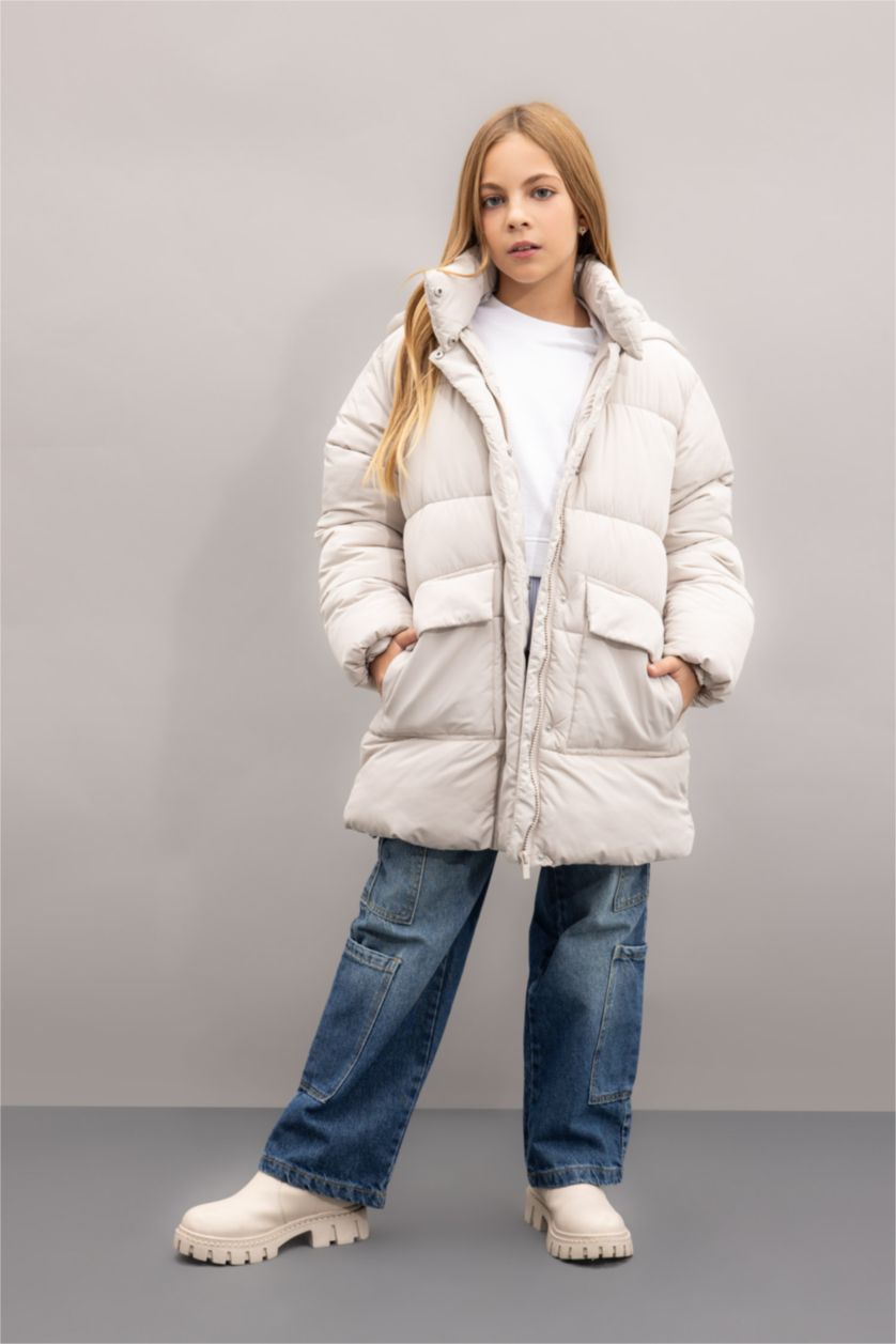 FILLES Beige Manteau Doudoune à Capuche Oversize imperméable avec doublure en polaire pour Fille