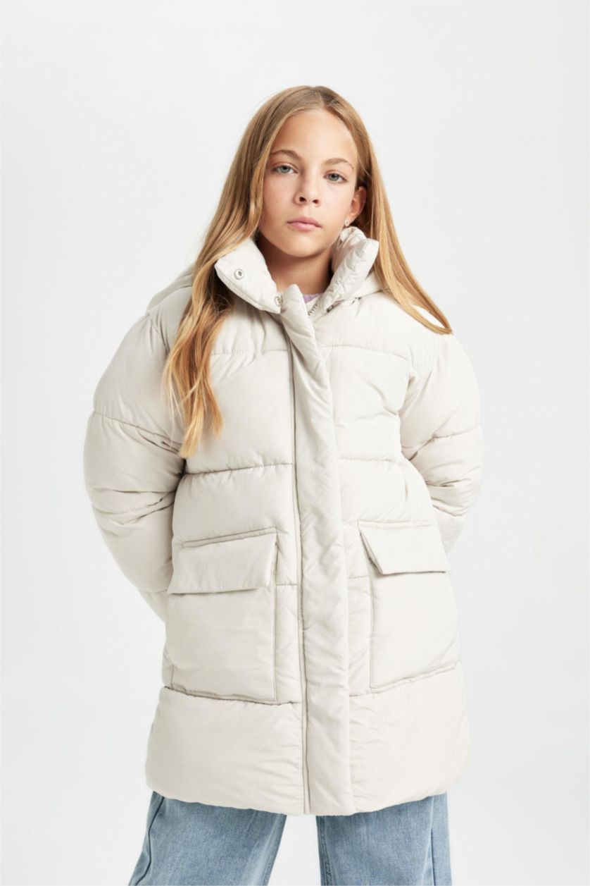 FILLES Beige Manteau Doudoune à Capuche Oversize imperméable avec doublure en polaire pour Fille