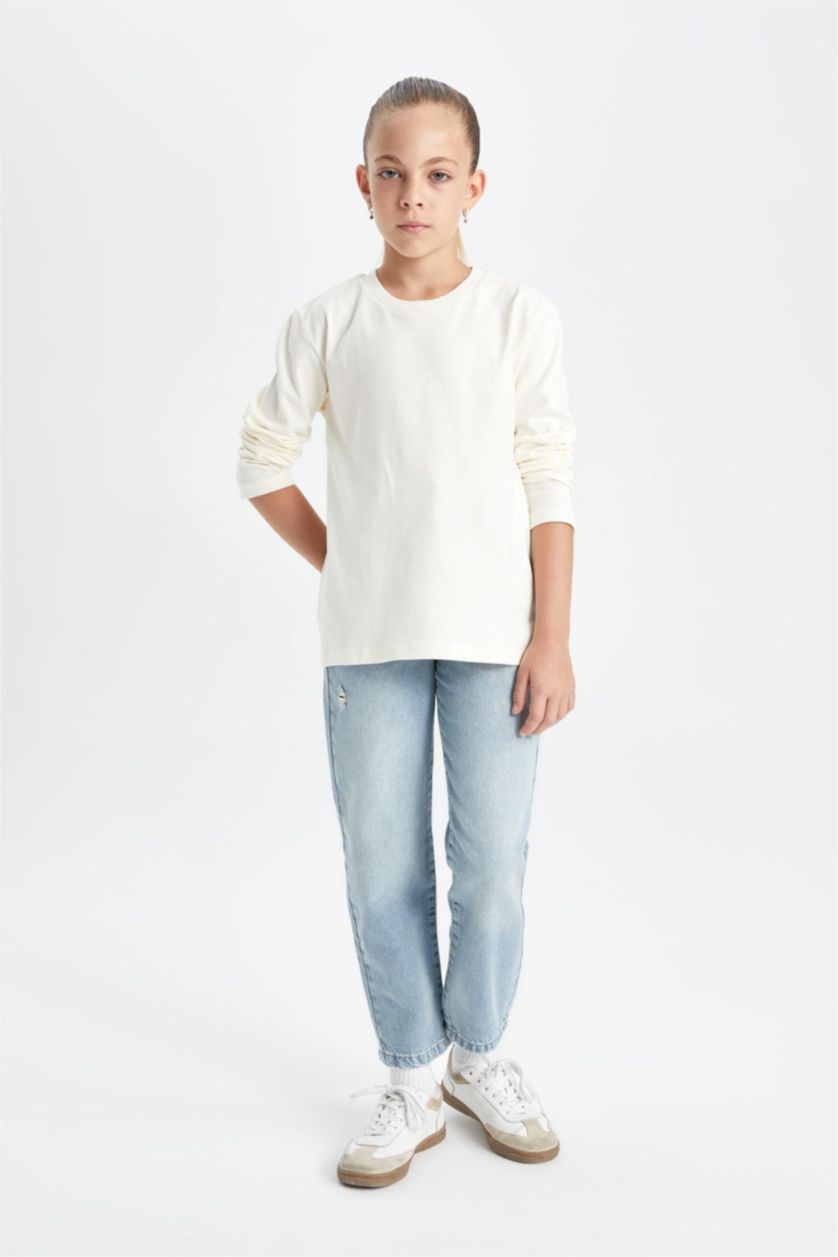 Kız Çocuk - Genç Kız Mavi Kız Çocuk Mom Fit Yırtık Detaylı Dar Paça Cepli Jean Pantolon