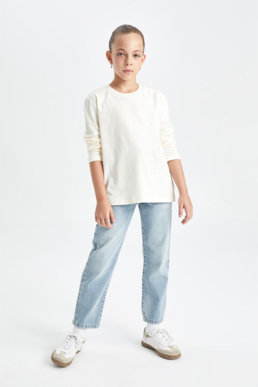 Kız Çocuk - Genç Kız Mavi Kız Çocuk Mom Fit Yırtık Detaylı Dar Paça Cepli Jean Pantolon