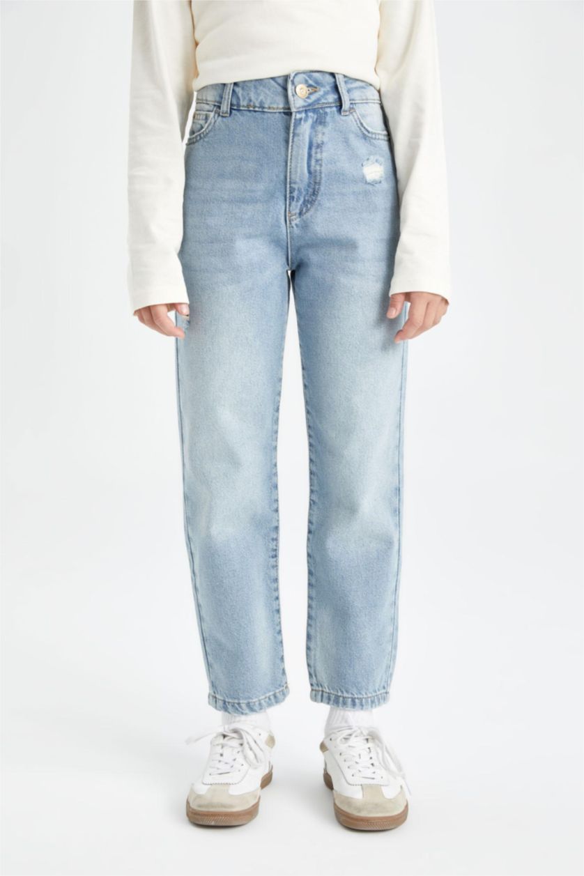 Kız Çocuk - Genç Kız Mavi Kız Çocuk Mom Fit Yırtık Detaylı Dar Paça Cepli Jean Pantolon