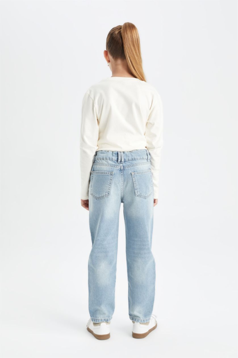 Kız Çocuk - Genç Kız Mavi Kız Çocuk Mom Fit Yırtık Detaylı Dar Paça Cepli Jean Pantolon