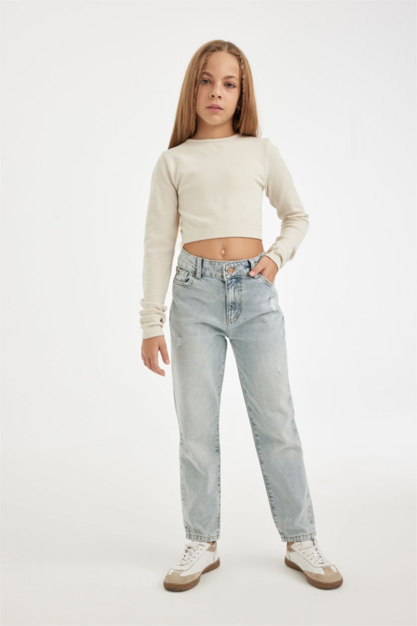 GIRLS & TEENS Ice Blue Girl Mom Fit Ripped Detailed Skinny Leg Jeans