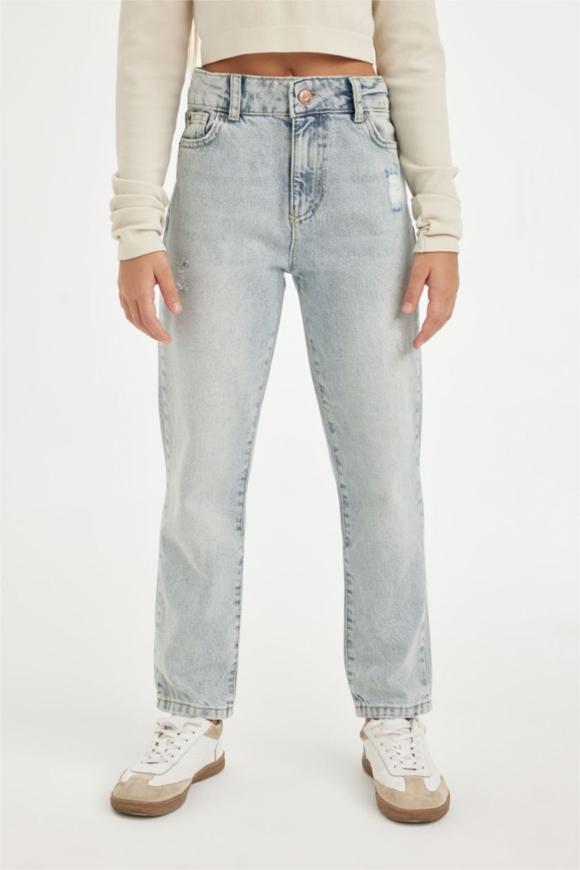 GIRLS & TEENS Ice Blue Girl Mom Fit Ripped Detailed Skinny Leg Jeans