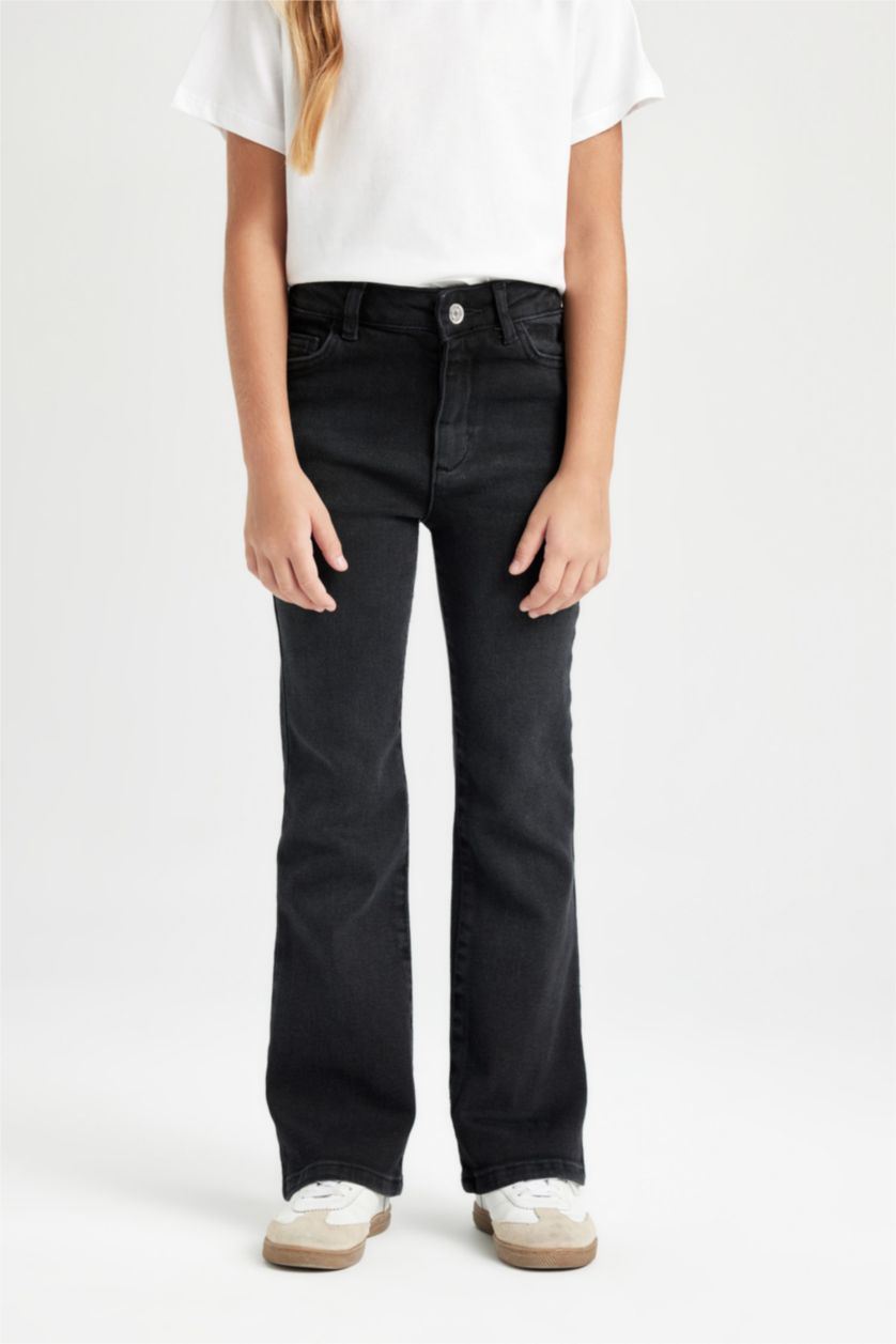 Kız Çocuk - Genç Kız Siyah Kız Çocuk Flare Fit İspanyol Paça Cepli Siyah Jean Pantolon