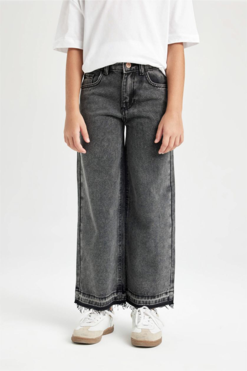 Kız Çocuk - Genç Kız Antrasit Kız Çocuk Wide Leg Geniş Bol Paça Cepli Jean Pantolon