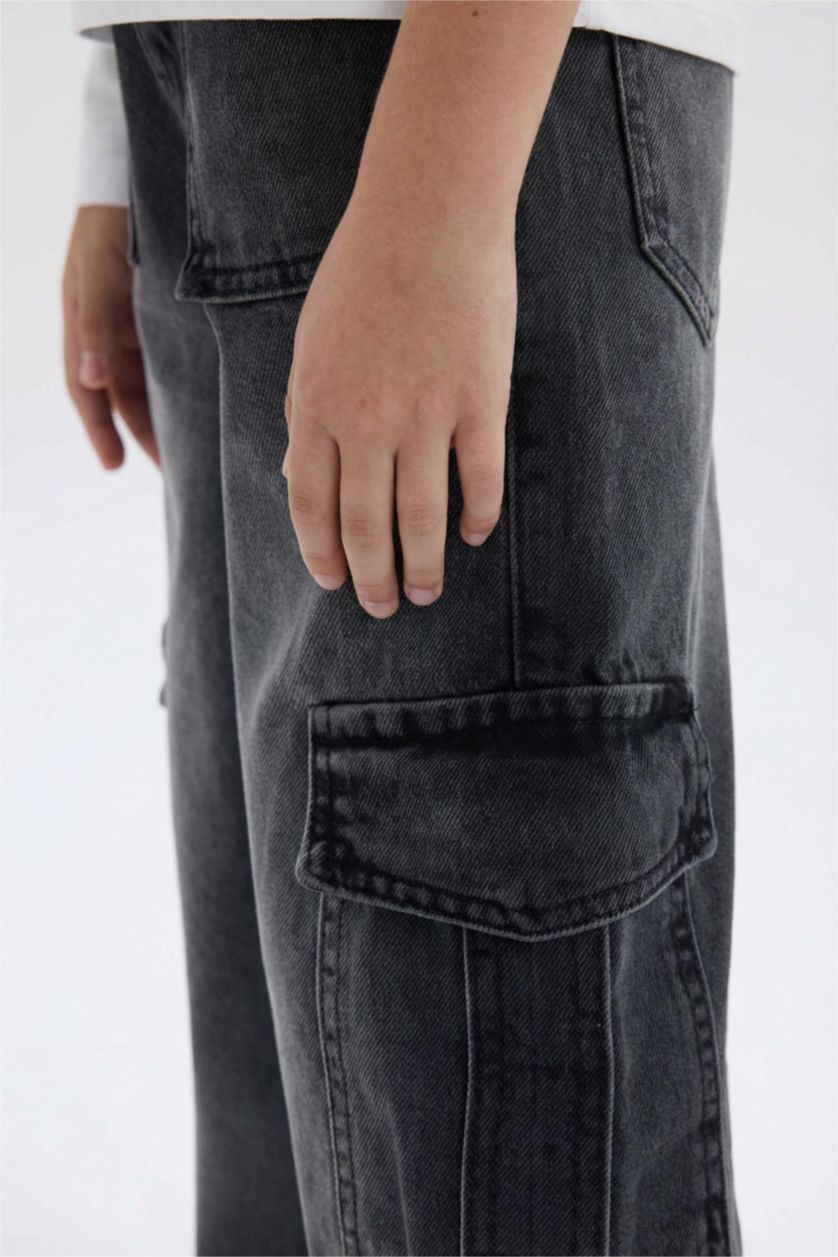 Kız Çocuk - Genç Kız Antrasit Wide Leg Kargo Geniş Paça Jean Pantolon Kız Çocuk