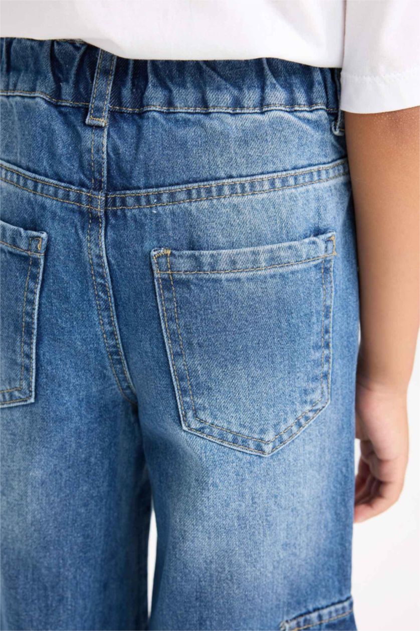 Kız Çocuk - Genç Kız Mavi Wide Leg Kargo Geniş Paça Jean Pantolon Kız Çocuk