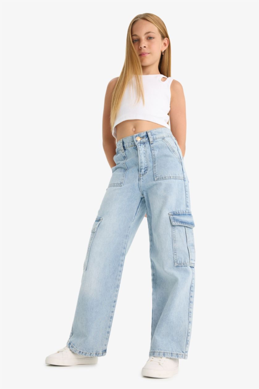 Kız Çocuk - Genç Kız Açık Mavi Wide Leg Kargo Geniş Paça Jean Pantolon Kız Çocuk