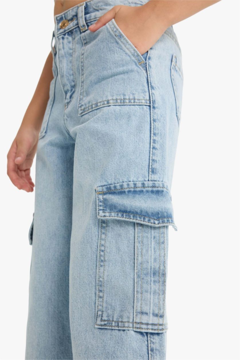 Kız Çocuk - Genç Kız Açık Mavi Wide Leg Kargo Geniş Paça Jean Pantolon Kız Çocuk