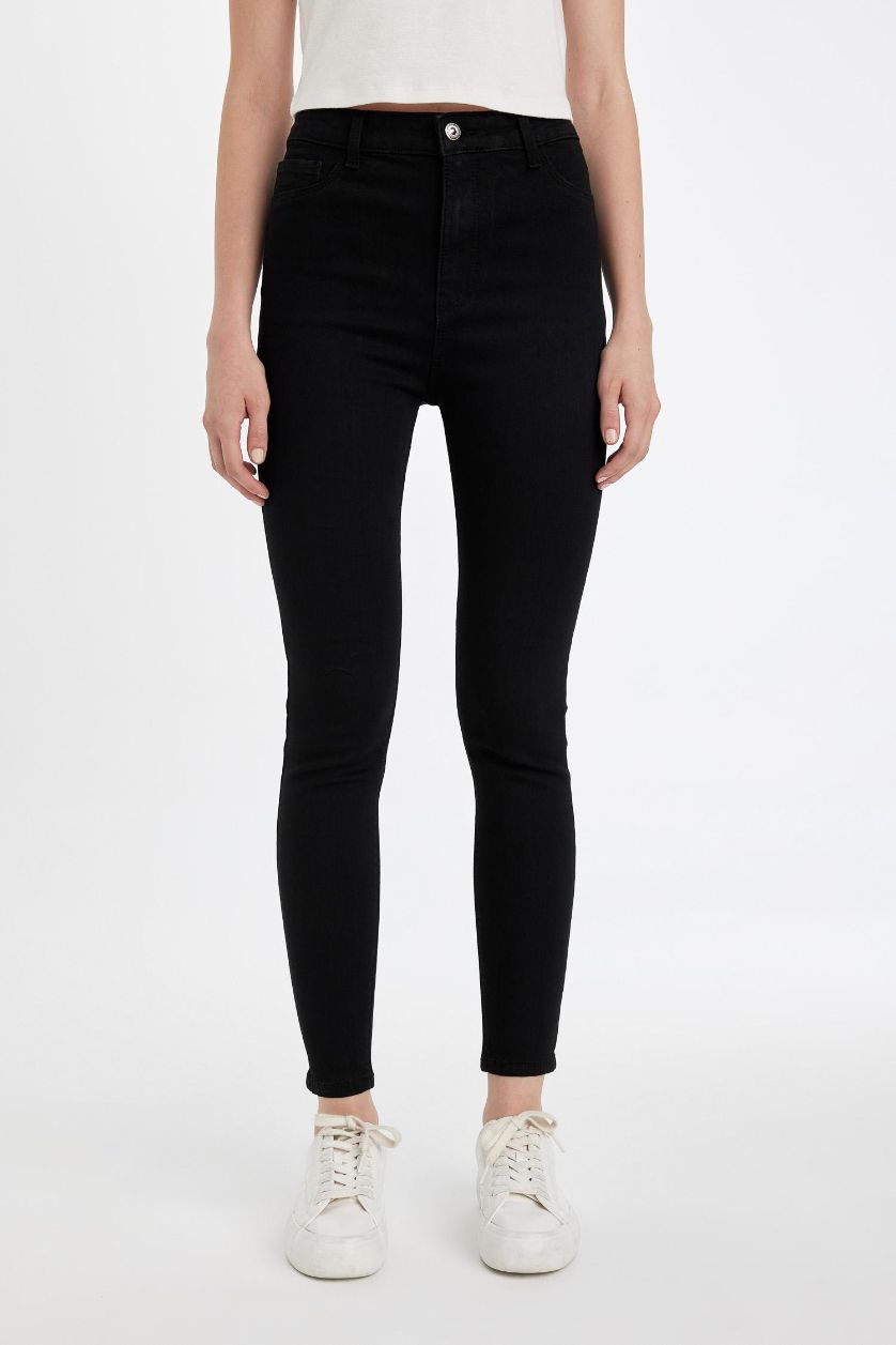 FEMME Noir Pantalon Jean à taille haute et longueur de cheville