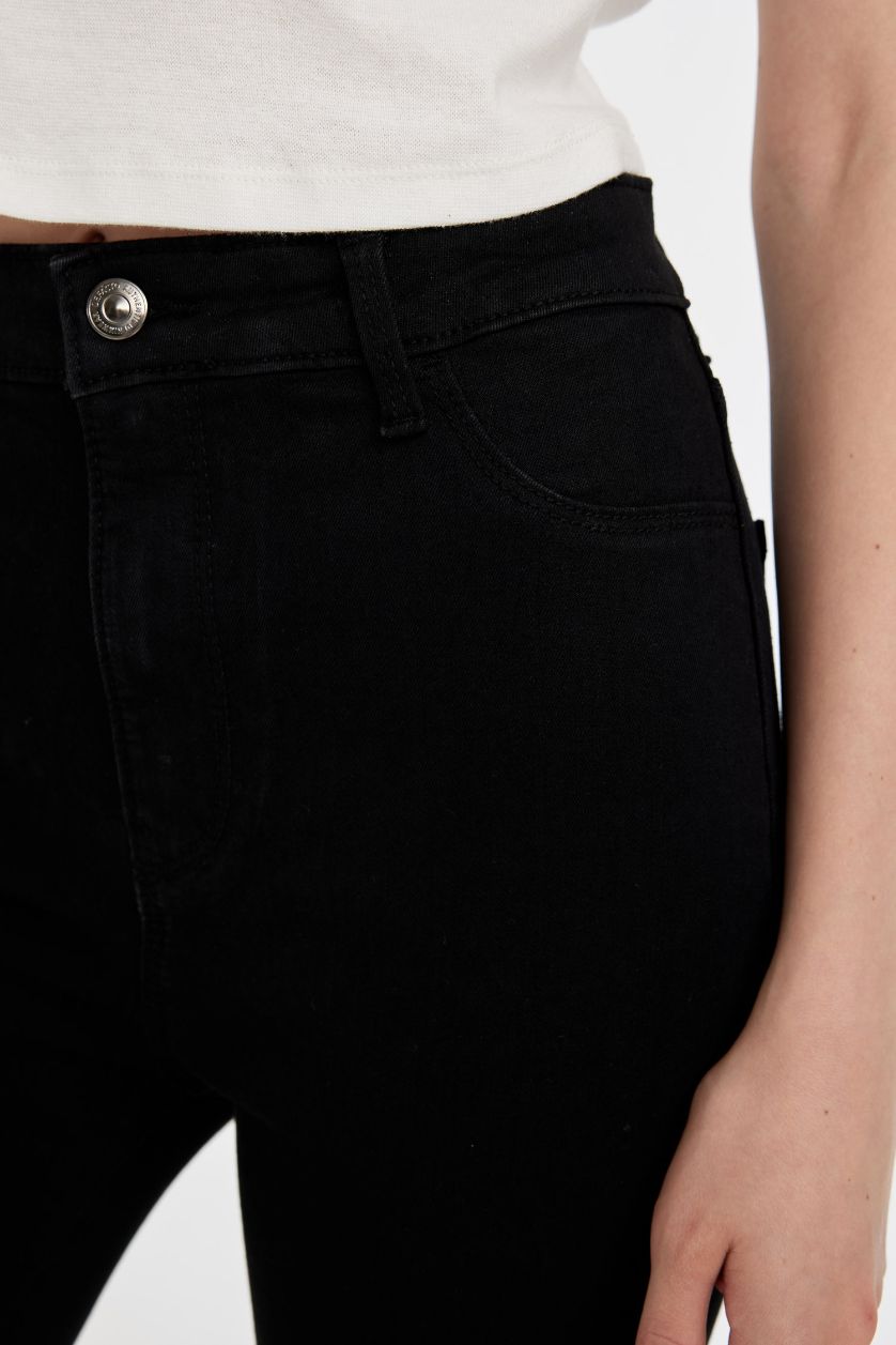 FEMME Noir Pantalon Jean à taille haute et longueur de cheville