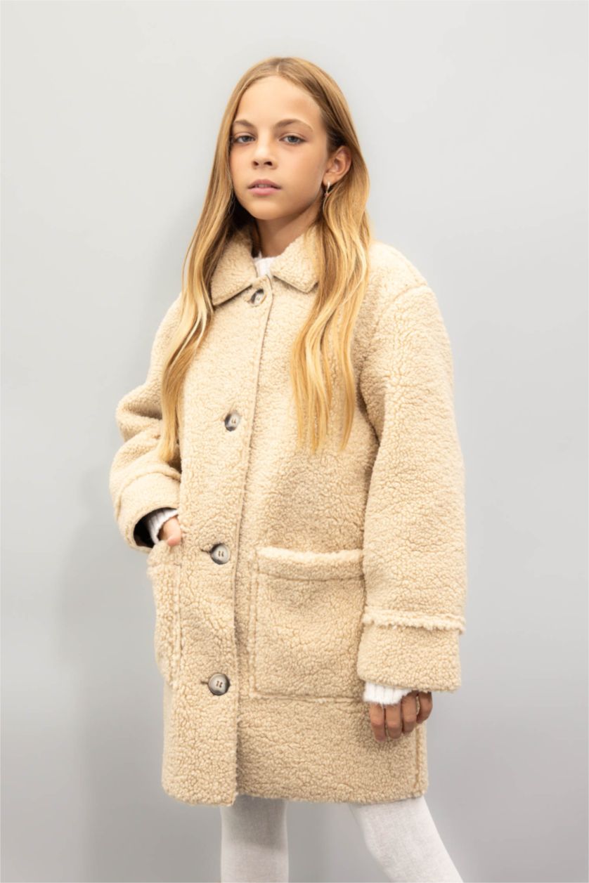 Kız Çocuk - Genç Kız Kum Rüzgar Geçirmez Düğmeli Cepli Kaşe Parka Kız Çocuk