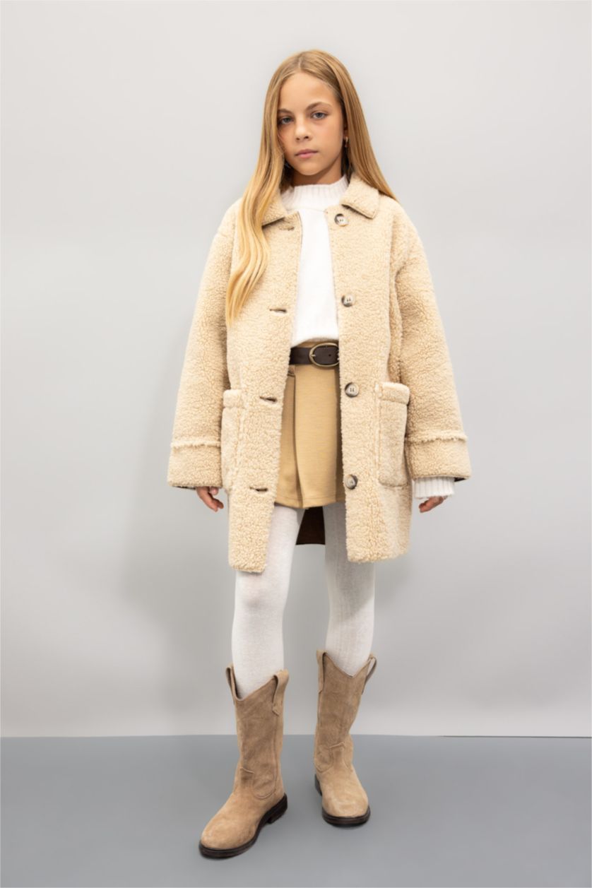 Kız Çocuk - Genç Kız Kum Rüzgar Geçirmez Düğmeli Cepli Kaşe Parka Kız Çocuk