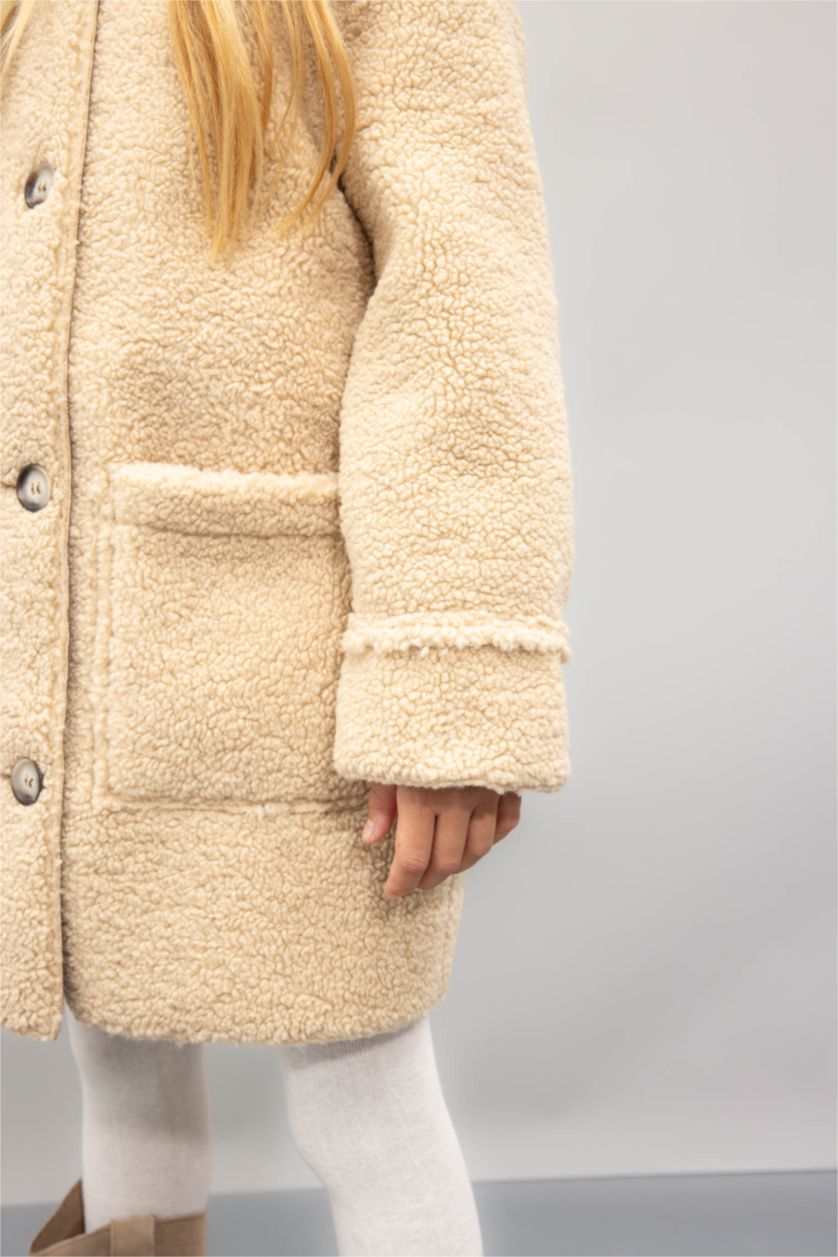 Kız Çocuk - Genç Kız Kum Rüzgar Geçirmez Düğmeli Cepli Kaşe Parka Kız Çocuk