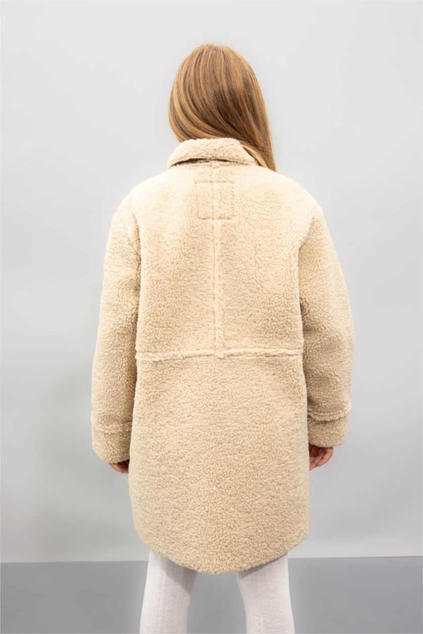 Kız Çocuk - Genç Kız Kum Rüzgar Geçirmez Düğmeli Cepli Kaşe Parka Kız Çocuk