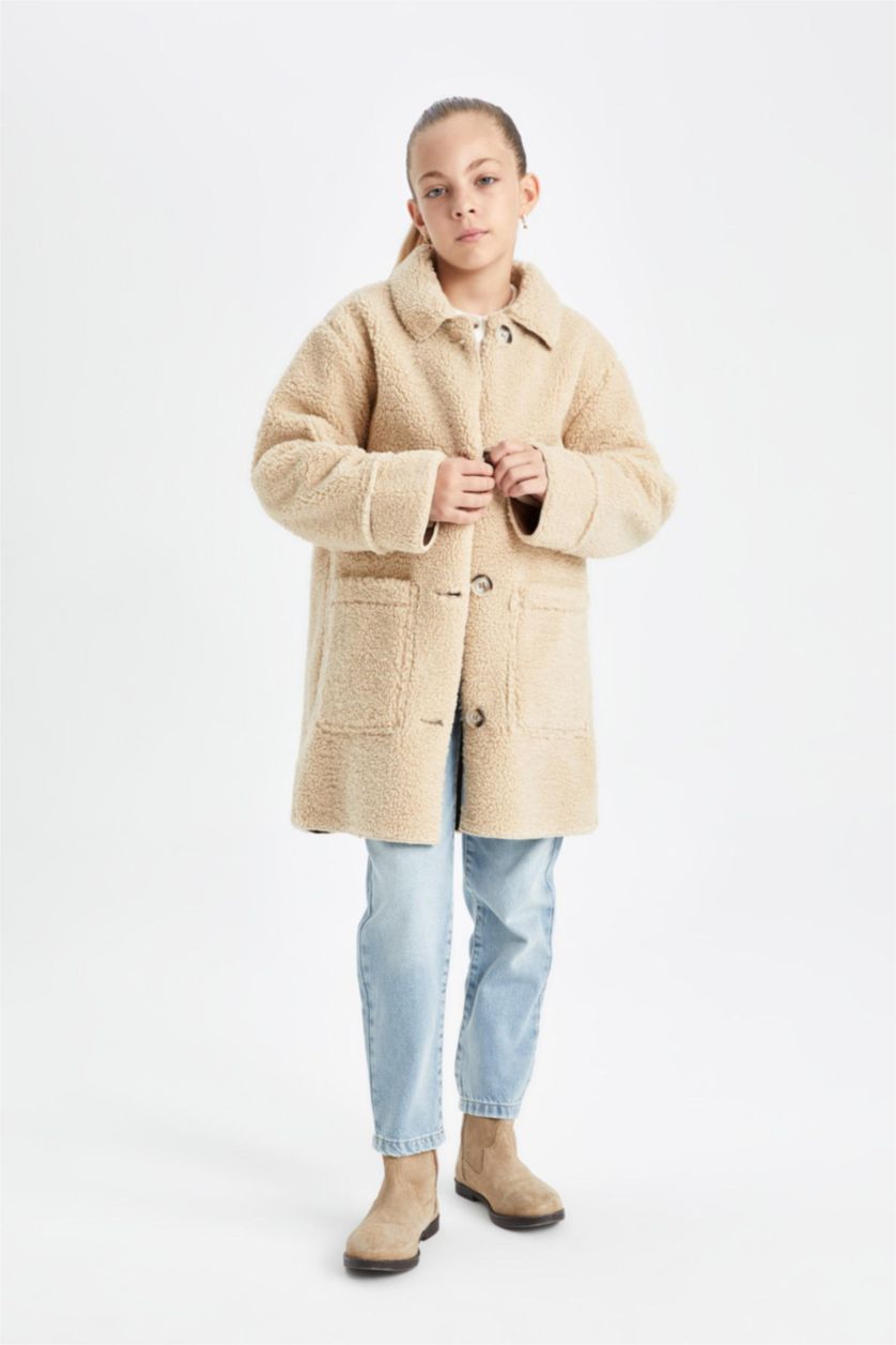 Kız Çocuk - Genç Kız Kum Rüzgar Geçirmez Düğmeli Cepli Kaşe Parka Kız Çocuk