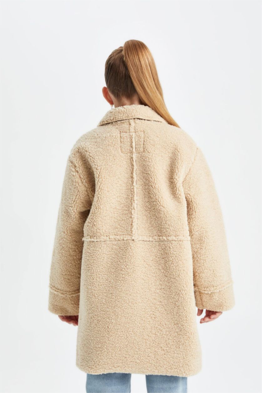 Kız Çocuk - Genç Kız Kum Rüzgar Geçirmez Düğmeli Cepli Kaşe Parka Kız Çocuk