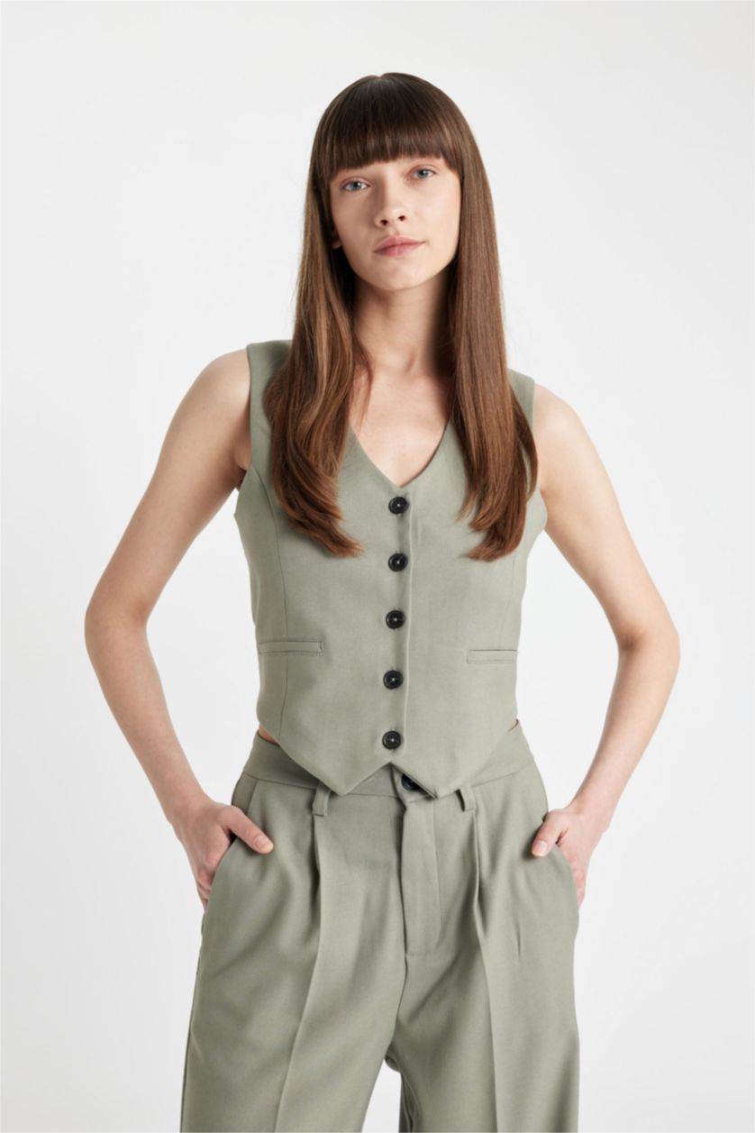 FEMME Kaki Gilet Blazer à Col en V