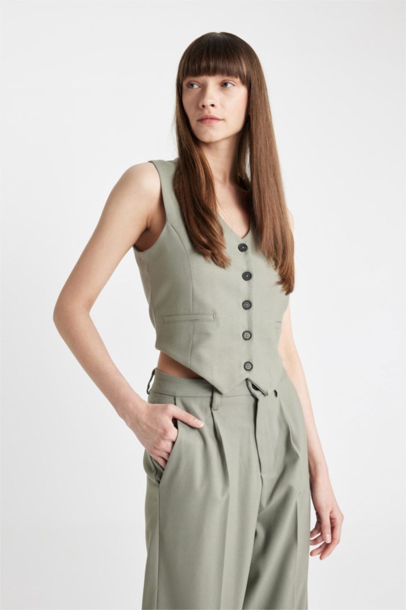 FEMME Kaki Gilet Blazer à Col en V