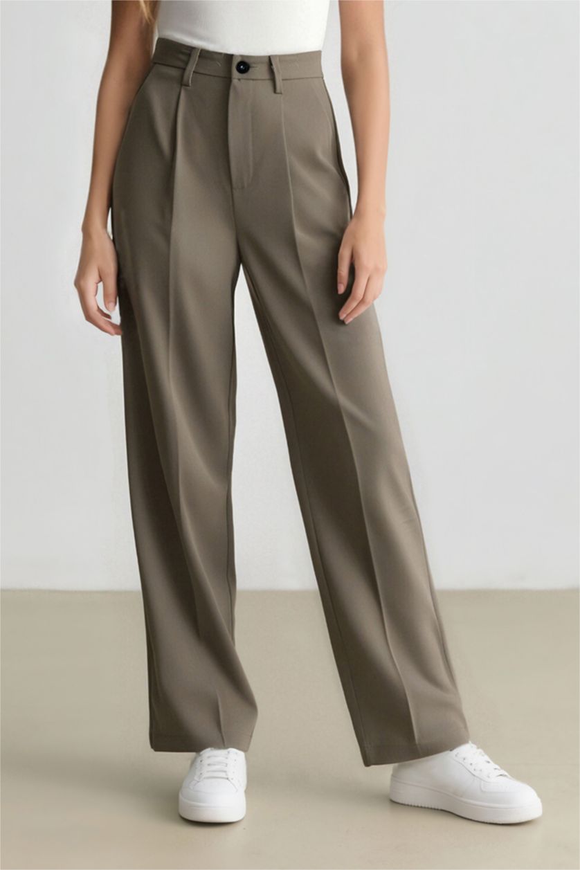 Kadın Haki Wide Leg Yüksek Bel Dokuma Klasik Pantolon Pensli Cepli Basıc