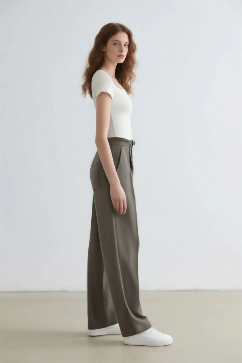 Kadın Haki Wide Leg Yüksek Bel Dokuma Klasik Pantolon Pensli Cepli Basıc