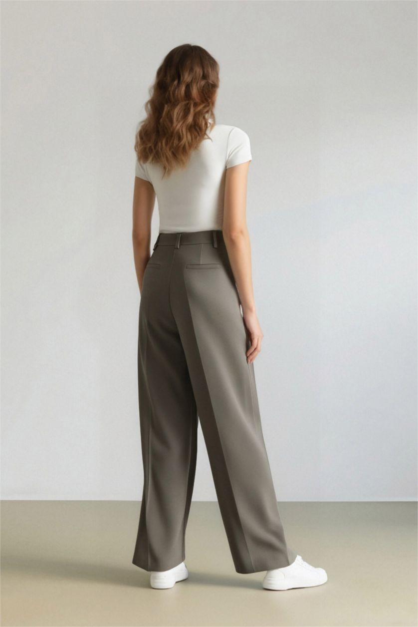 Kadın Haki Wide Leg Yüksek Bel Dokuma Klasik Pantolon Pensli Cepli Basıc