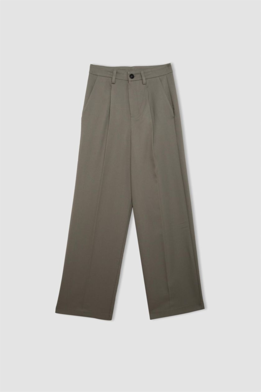 Kadın Haki Wide Leg Yüksek Bel Dokuma Klasik Pantolon Pensli Cepli Basıc