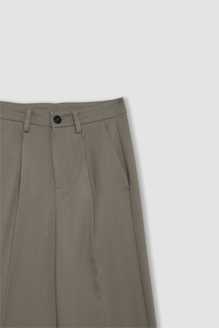 Kadın Haki Wide Leg Yüksek Bel Dokuma Klasik Pantolon Pensli Cepli Basıc