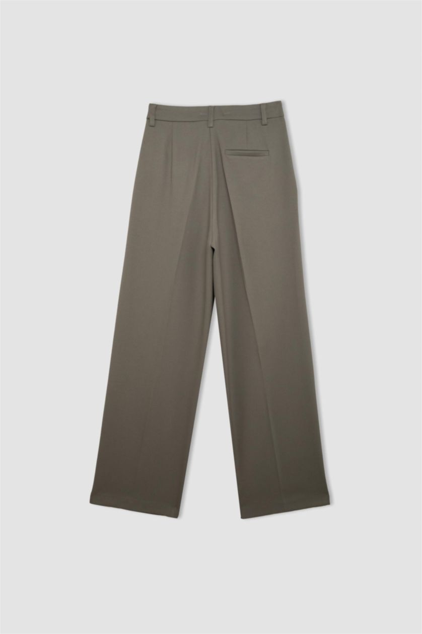 Kadın Haki Wide Leg Yüksek Bel Dokuma Klasik Pantolon Pensli Cepli Basıc