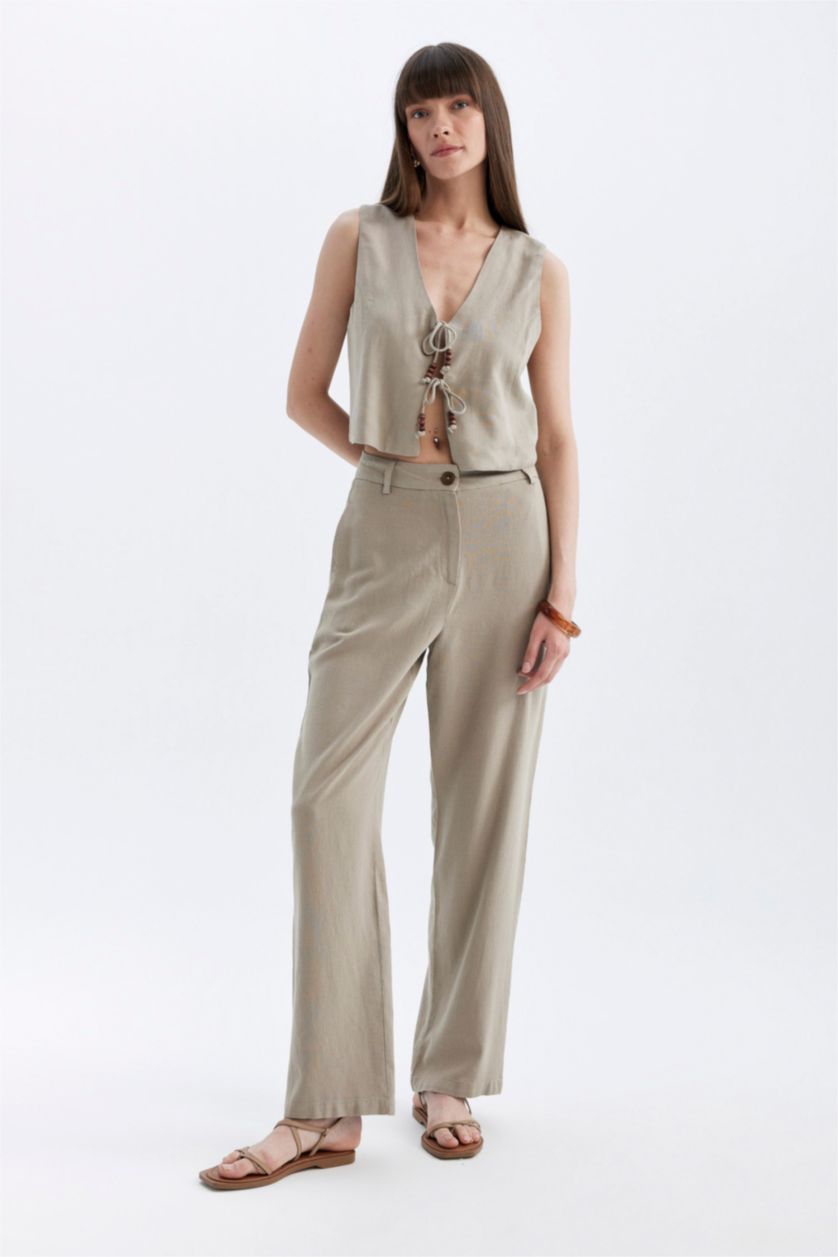 Kadın Açık Kahve Fitted V Yaka Keten Karışımlı Önden Bağlamalı Yelek