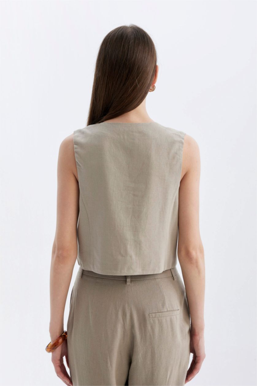 Kadın Açık Kahve Fitted V Yaka Keten Karışımlı Önden Bağlamalı Yelek