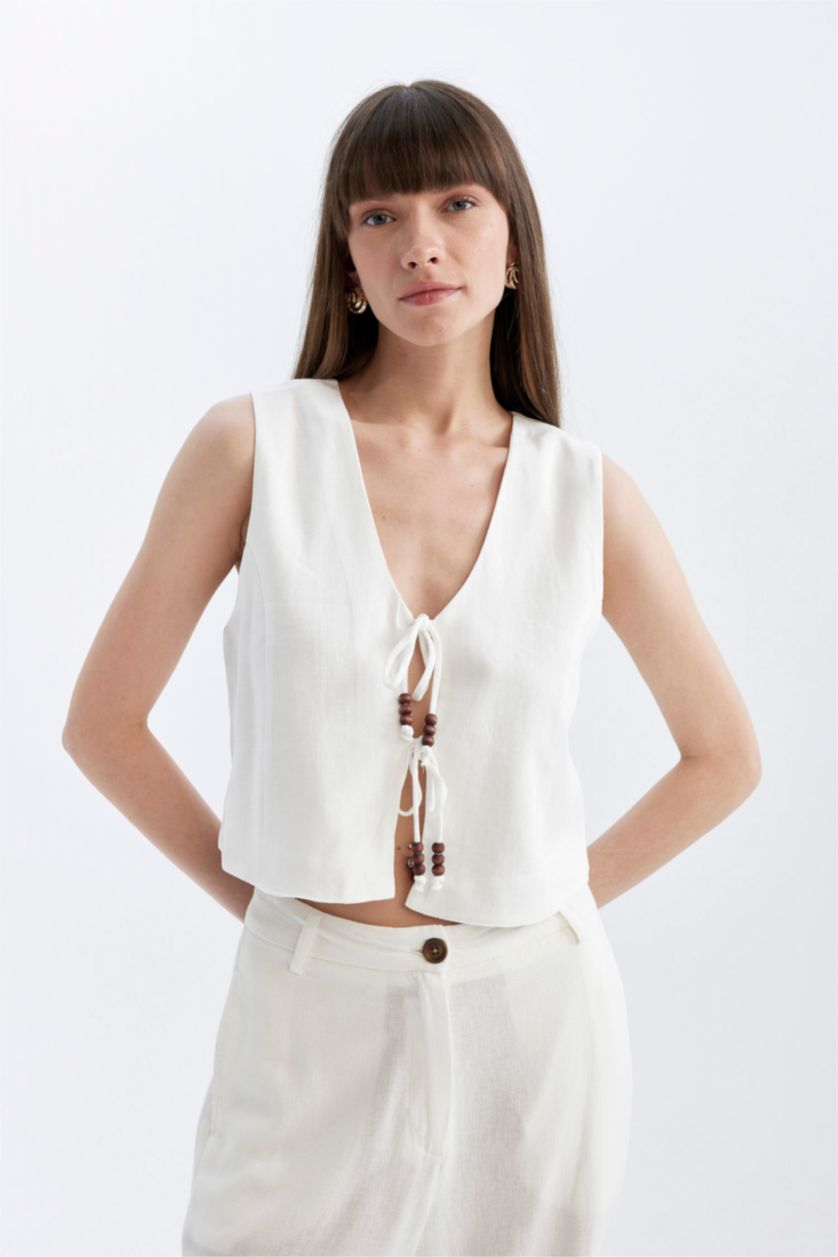 نساء اوف وايت جيلي ابيض سليم فيت برباط وياقة V من مزيج الكتان