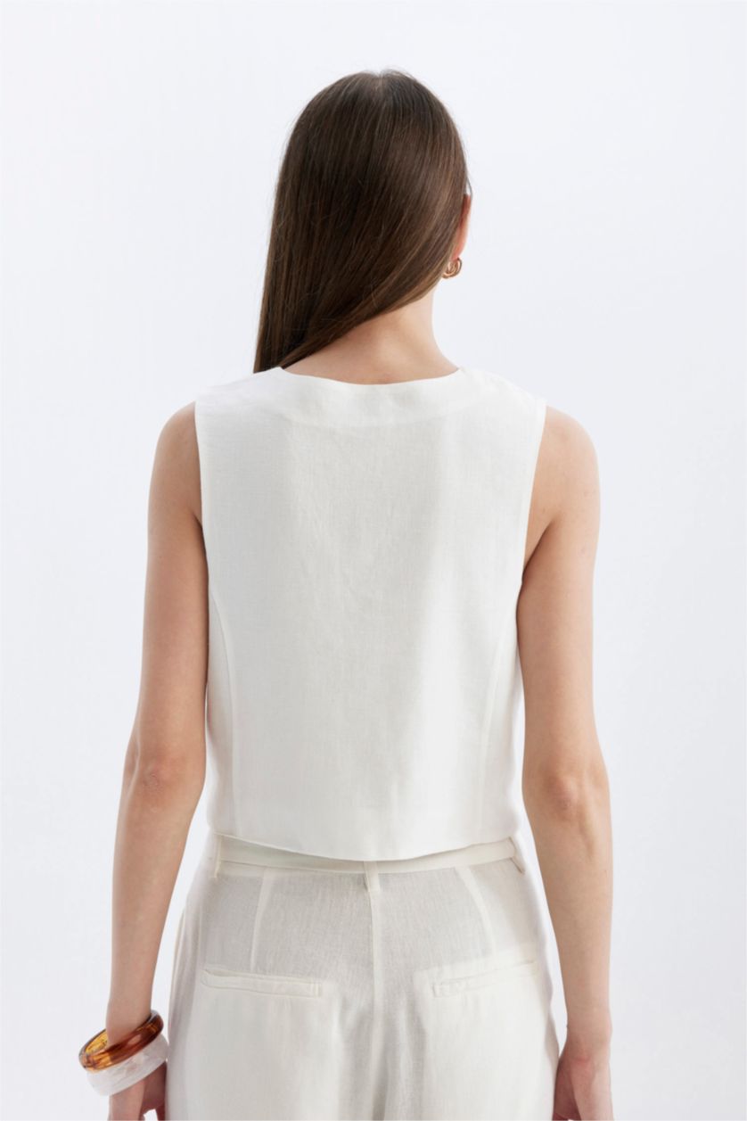 نساء اوف وايت جيلي ابيض سليم فيت برباط وياقة V من مزيج الكتان