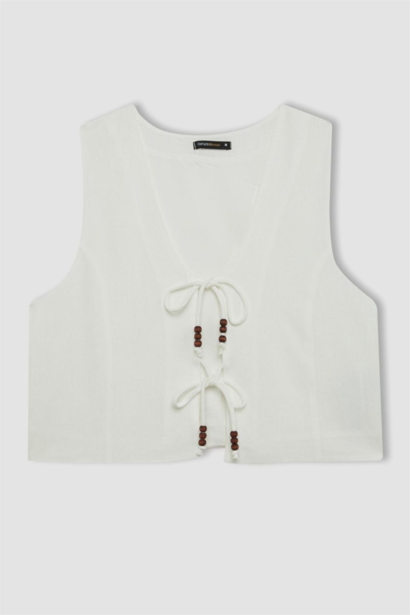 نساء اوف وايت جيلي ابيض سليم فيت برباط وياقة V من مزيج الكتان