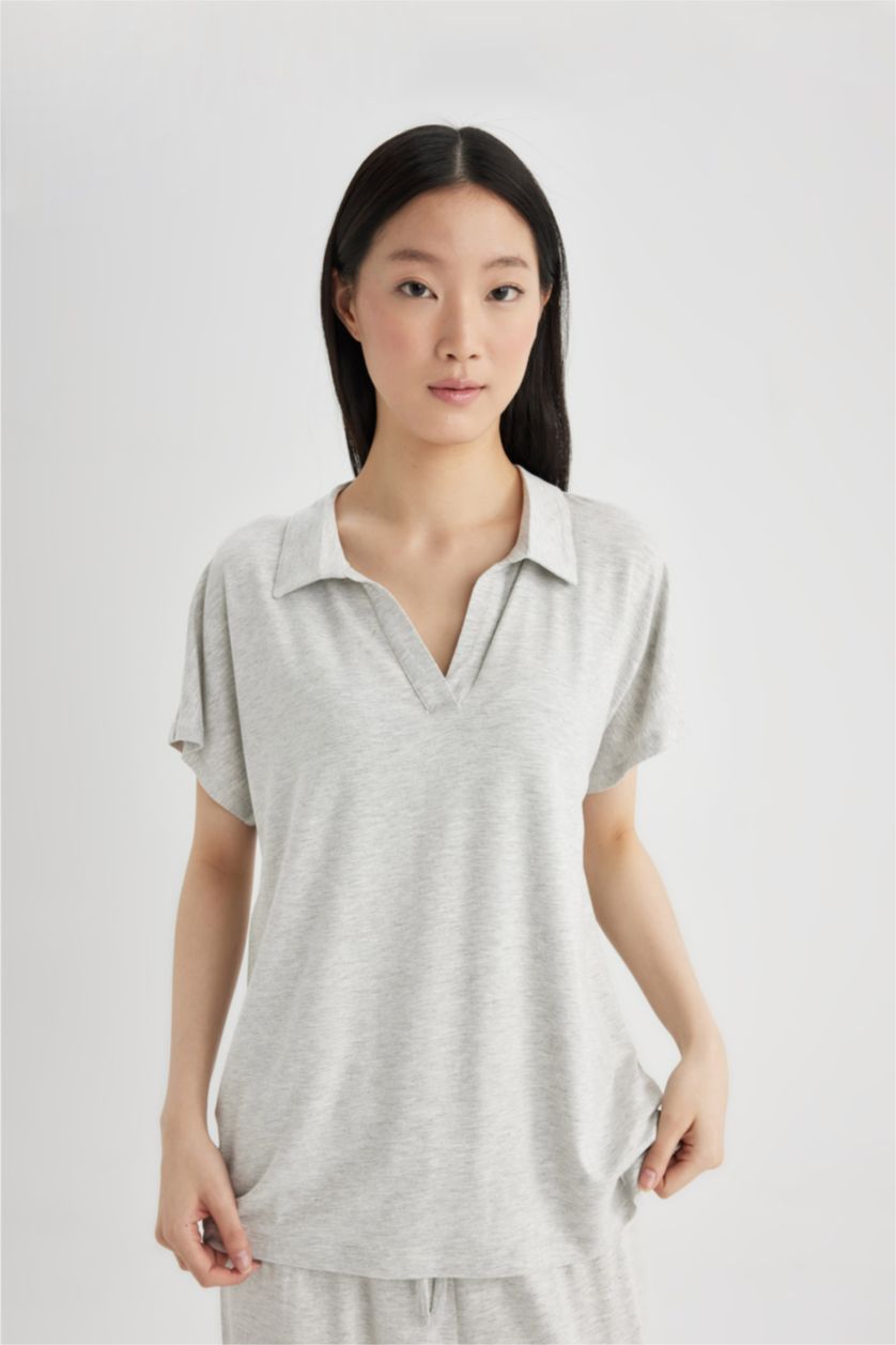 Kadın Gri Melanj Fall in Love Regular Fit Kısa Kollu Viskon Pijama Takımı