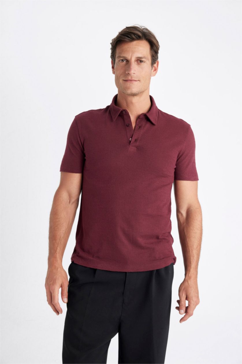 Erkek Bordo Slim Fit Dar Kesim Polo Yaka Kısa Kollu Dokulu Tişört