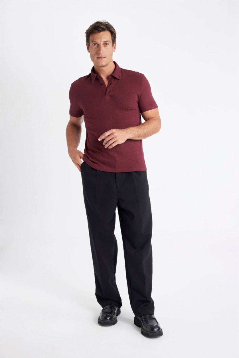 Erkek Bordo Slim Fit Dar Kesim Polo Yaka Kısa Kollu Dokulu Tişört
