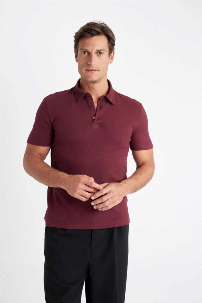 Erkek Bordo Slim Fit Dar Kesim Polo Yaka Kısa Kollu Dokulu Tişört