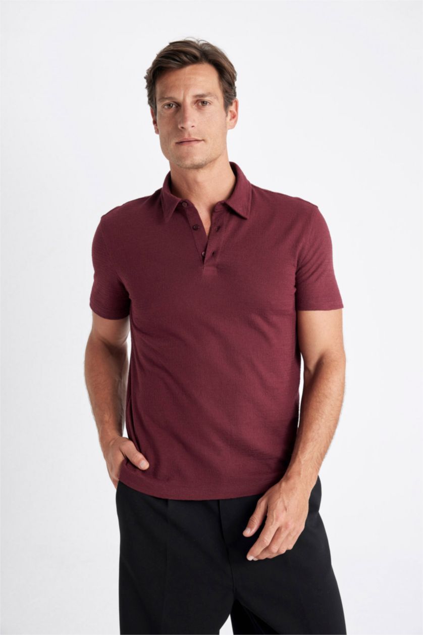 Erkek Bordo Slim Fit Dar Kesim Polo Yaka Kısa Kollu Dokulu Tişört