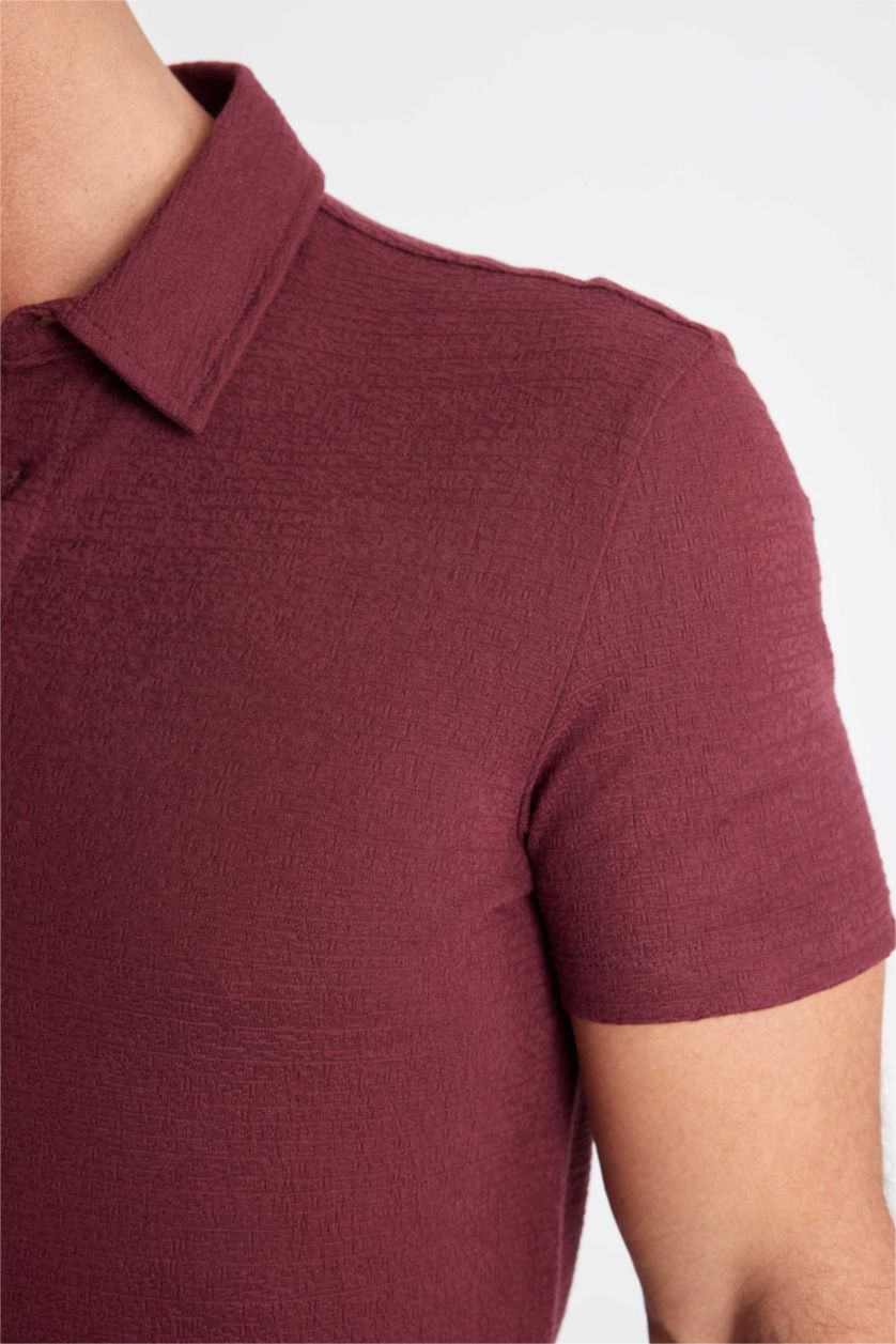 Erkek Bordo Slim Fit Dar Kesim Polo Yaka Kısa Kollu Dokulu Tişört