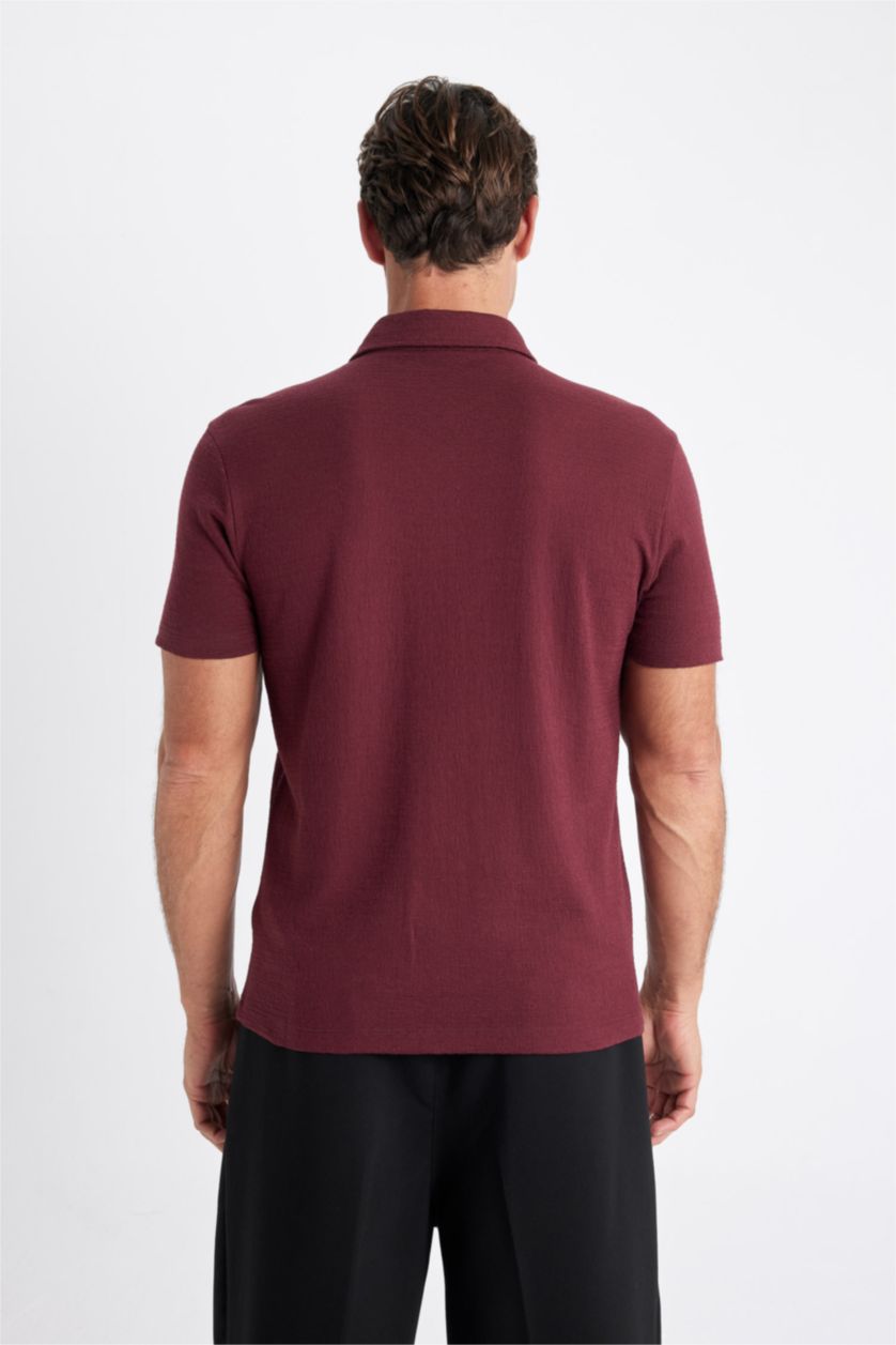 Erkek Bordo Slim Fit Dar Kesim Polo Yaka Kısa Kollu Dokulu Tişört