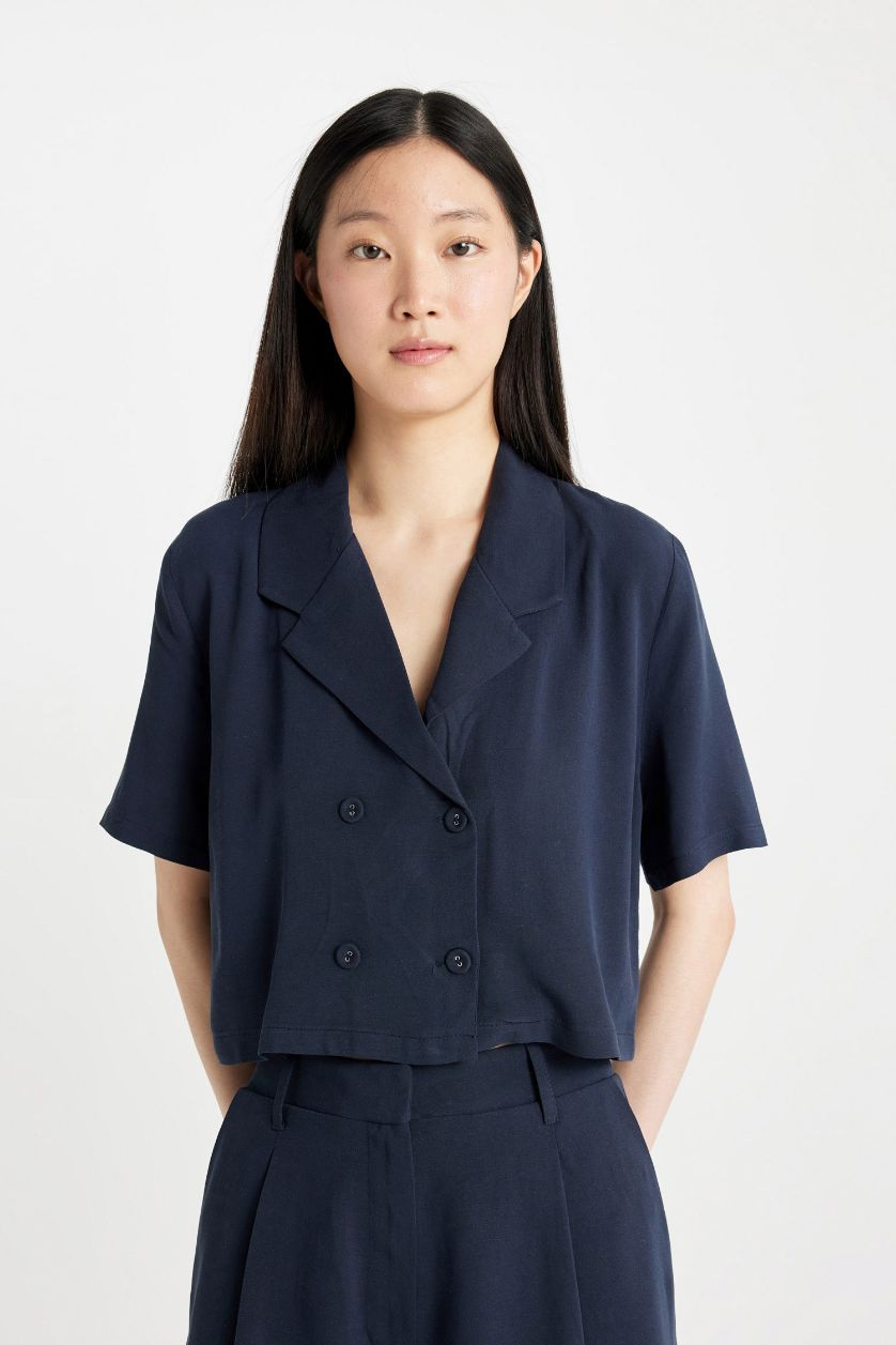 WOMAN NAVY Polo Collar Linen Blend Short Sleeve Crop Shirt