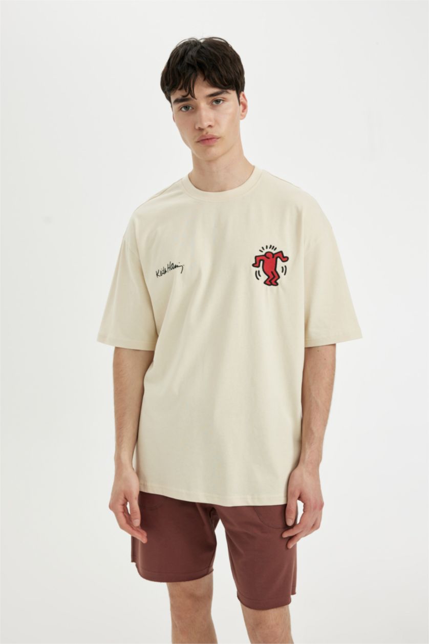 Erkek Kum Keith Haring Oversize Fit Bisiklet Yaka Kısa Kollu Tişört