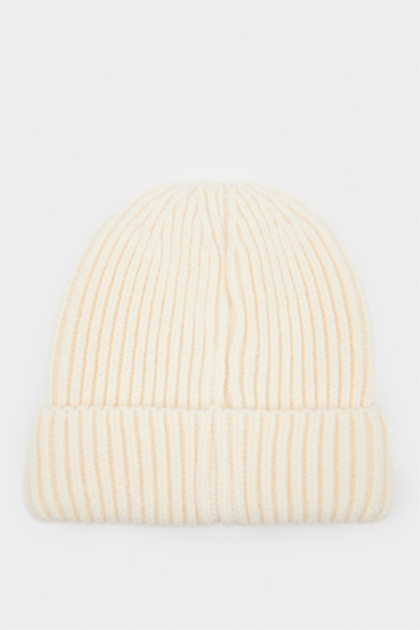 Erkek Bebek Ekru Nakışlı Triko Bere Erkek Bebek