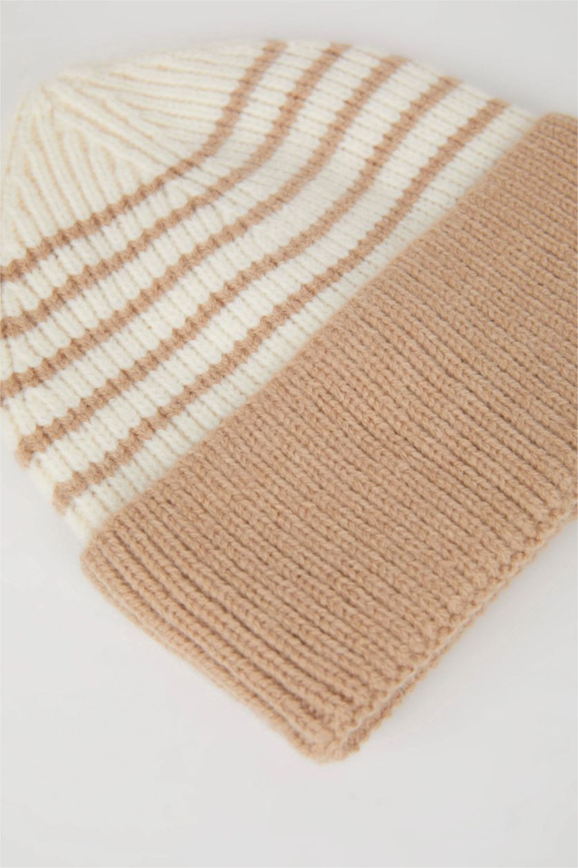 Erkek Bebek Tarçın Erkek Bebek Çizgili İçi Polarlı Triko Bere