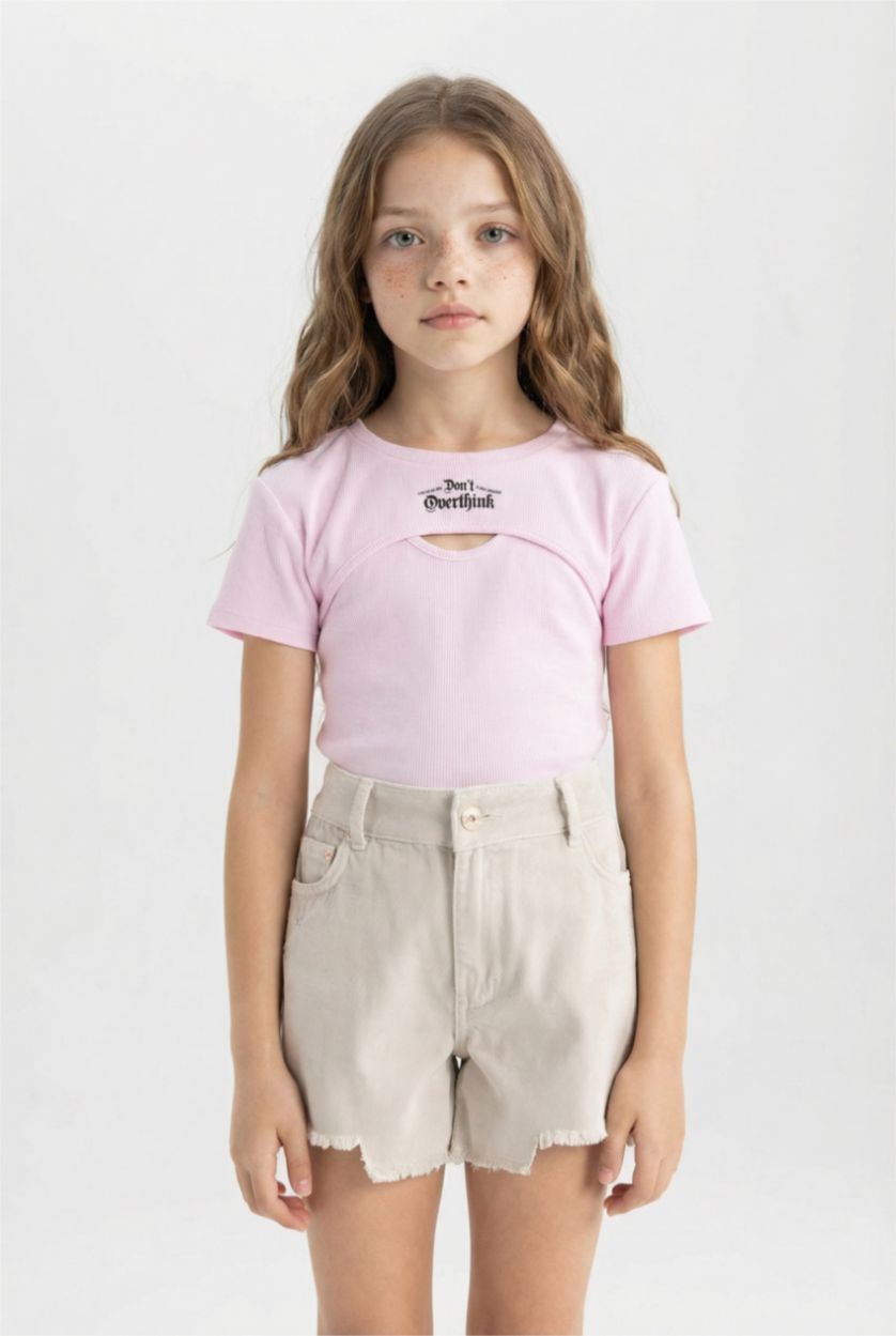 Girls & Teens Pink Girl Crop Ribbed Camisole 2 Piece Short Sleeve T-Shirt